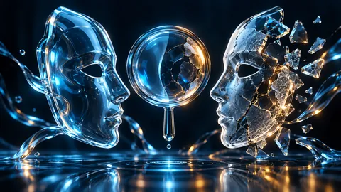 Illustration of an intact glass mask beside a shattered mask, viewed through a magnifier