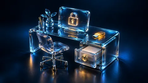 Illustration of a glass desk with a locked monitor, USB device and drawer