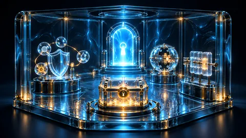Illustration of a glass escape room with a treasure chest, keyhole arch and puzzle sphere