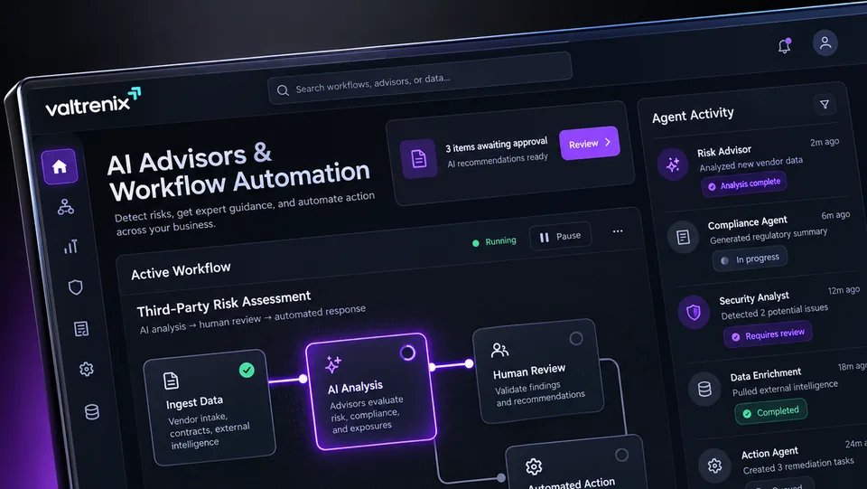 Illustrative AI Advisors and Workflow Automation dashboard with demo data showing advisor cards, an advisor chat panel, a workflow from engage to follow up, approvals awaiting review and connected tools