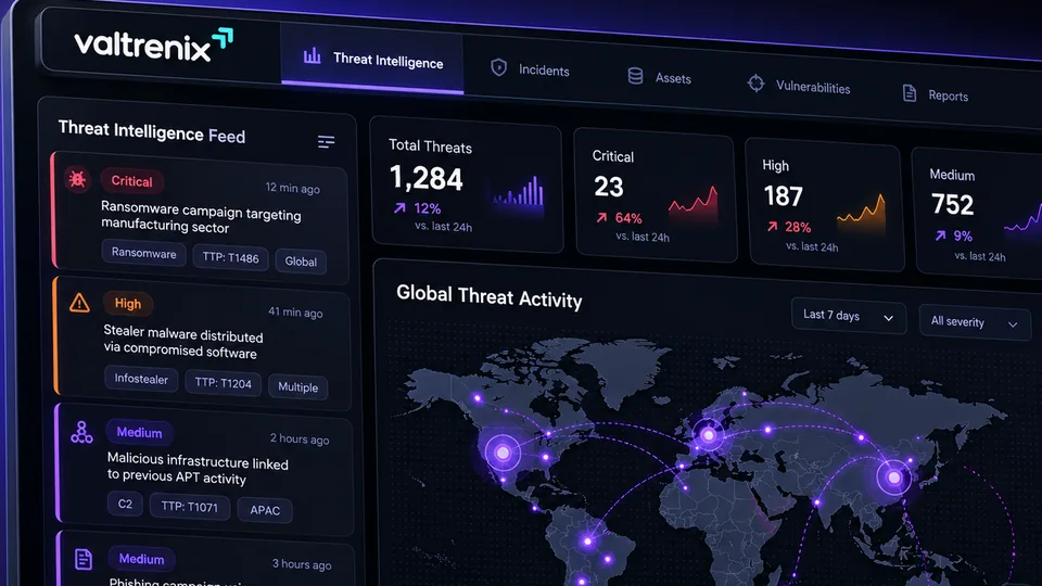 لوحة معلومات توضيحية لاستخبارات التهديدات ببيانات تجريبية: خلاصة تهديدات بتصنيفات الخطورة وأعداد التهديدات وخريطة عالمية للنشاط