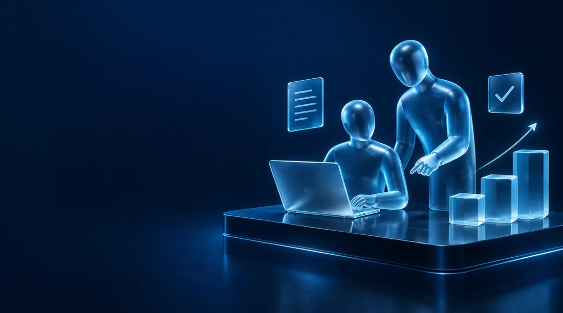 شخصيات 3D زرقاء شفافة لمرشد ومتدرب أمام حاسوب محمول، مع مستند وعلامة اختيار ومخطط أعمدة صاعد على منصة زجاجية